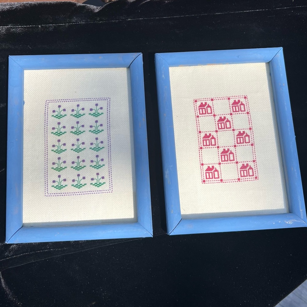 Hand Embroidered Cross-Stitch Framed Wall Art Pair Handcrafted  Embroidery Pair